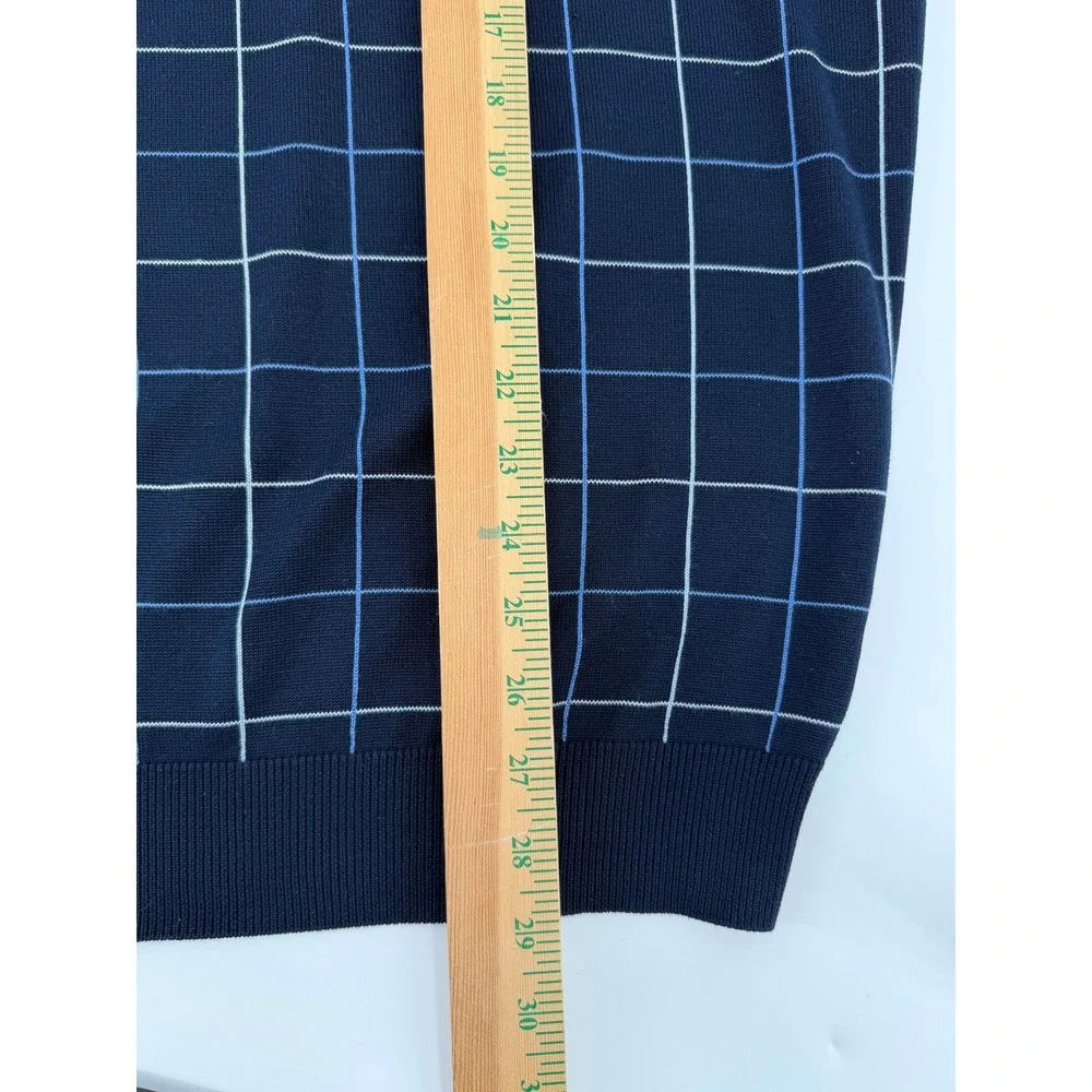 Brooks Brothers Mens XL Silk Cotton V-Neck Sweater Navy Blue Windowpane Check
